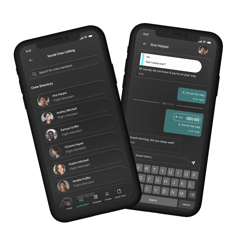 Social Crew Linking: a searchable crew directory, and a one-to-one chat with a crew member