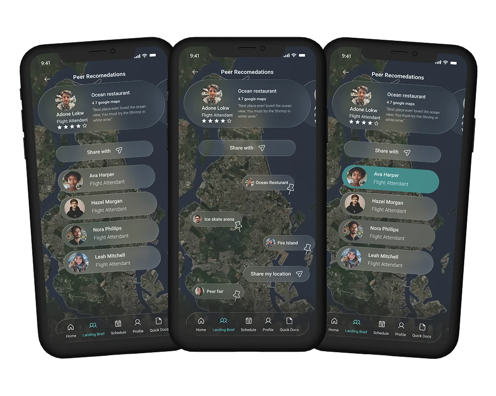 Peer Recommend: a colleague's restaurant tip, a map of nearby places, and choosing crew to share it with