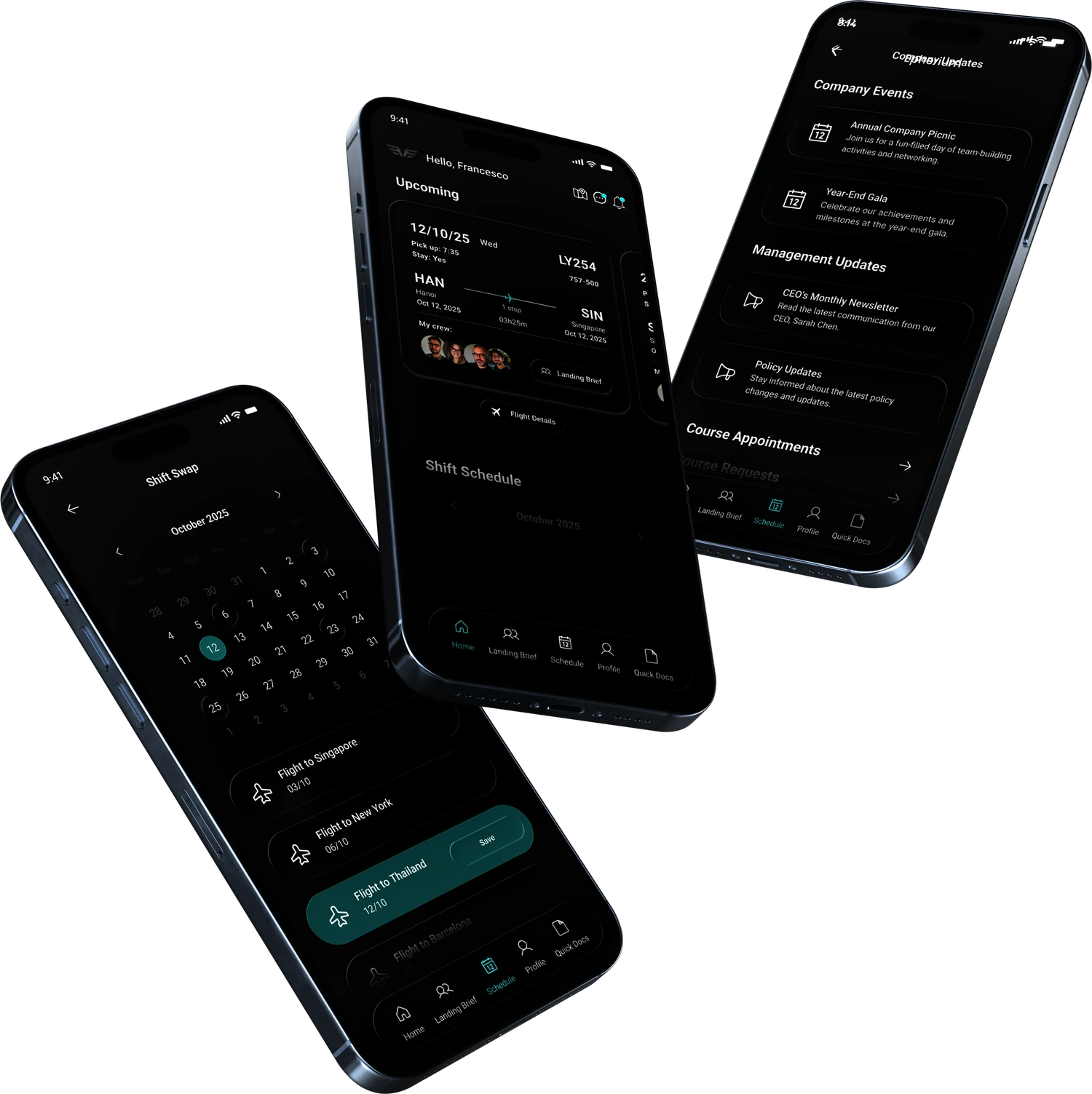 Three Air Crew screens: Shift Swap calendar, Home with the upcoming flight and crew, and Company Updates