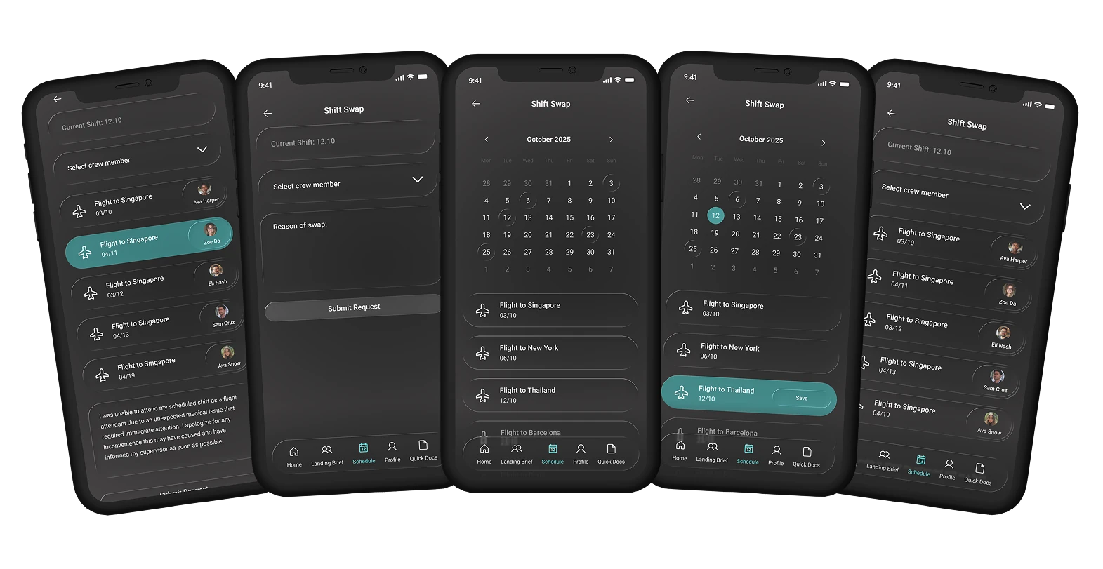 Shift Swap flow in five screens: pick the flight in the calendar, choose a crew member to swap with, write the reason, submit the request