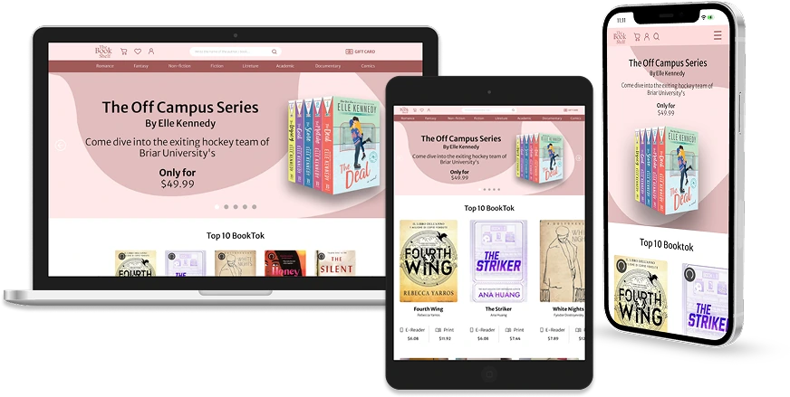 The Book Shelf homepage shown on a laptop, a tablet and a phone, with the Off Campus Series promotion and a Top 10 BookTok row