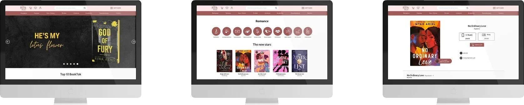 The finished Book Shelf interface for the same three screens: the home page, the Romance category and the No Ordinary Love book page