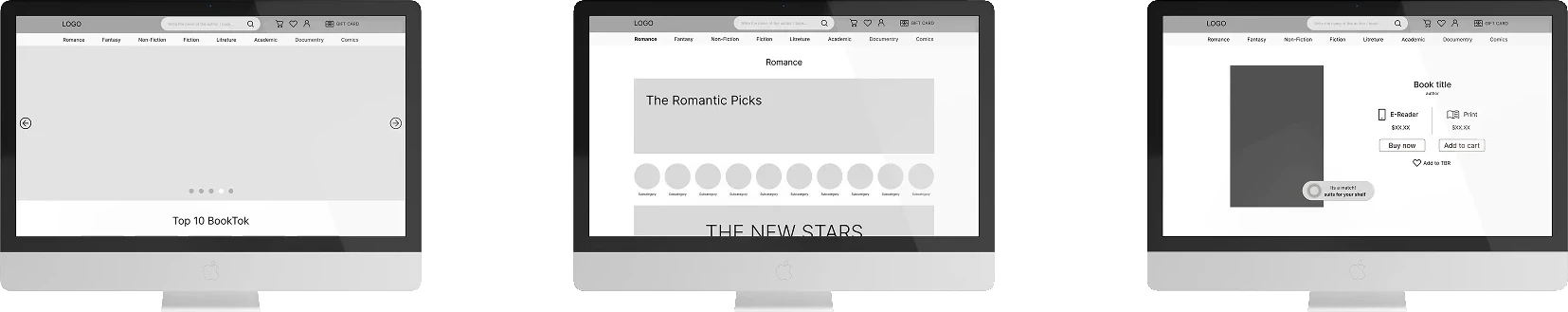 Desktop wireframes of the home page, the Romance category and a book page, in grey boxes, with the match indicator already placed on the book page