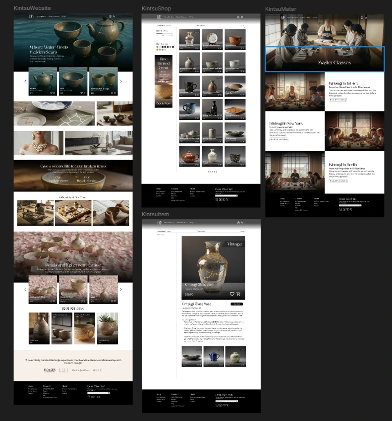 The Kintsu Figma canvas showing the website, shop, masterclasses and product page frames side by side