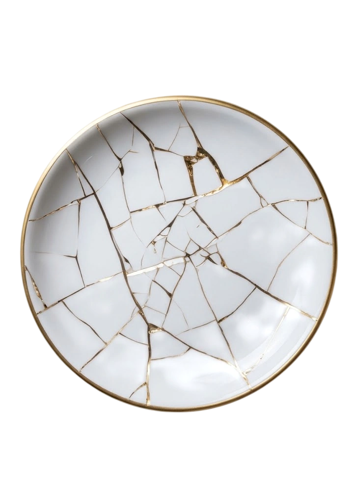 A white ceramic plate repaired with gold seams, kintsugi style